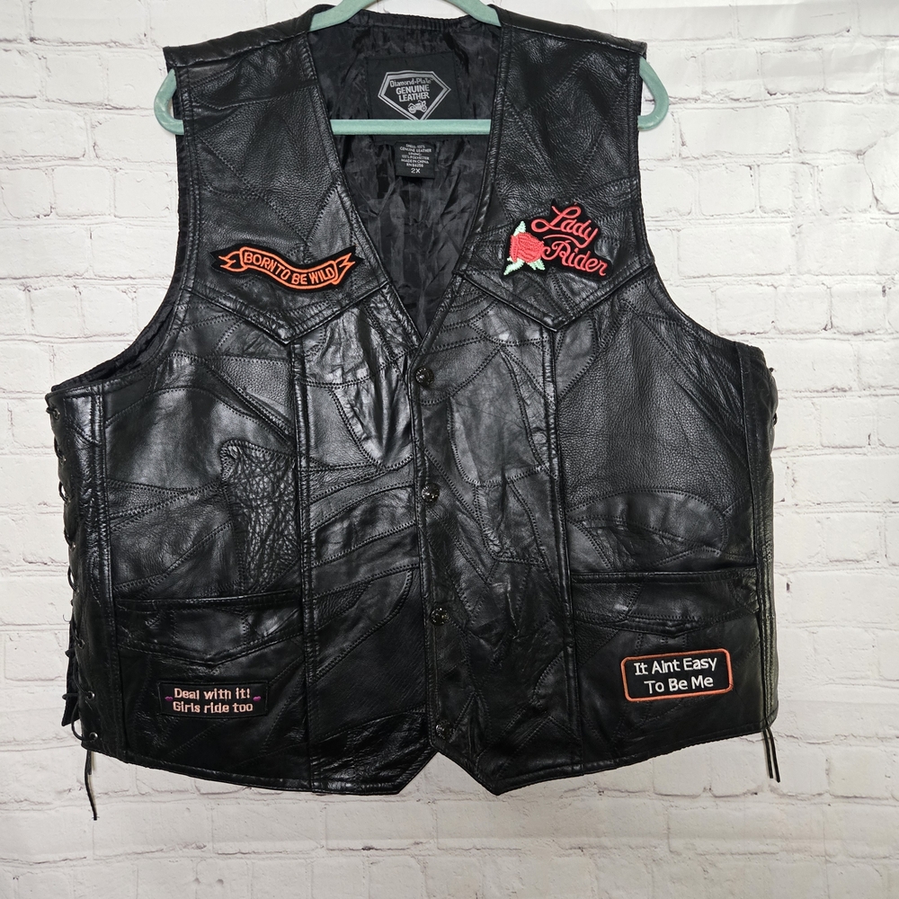 Diamond Supply Black Patchwork Leather Vest Patches Lady Biker Grunge 90s 2x